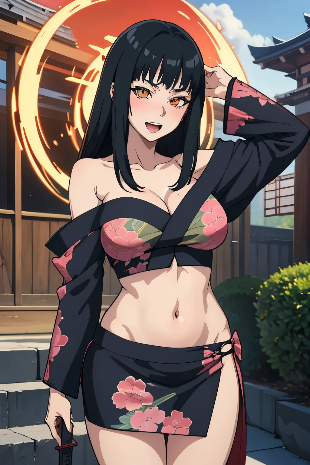 solo, 1girl, valmet, blush, lipstick, long hair, crazy eyes ,masterpiece, best quality, highly detailed, a anime girls in kimono dress with a sword posing for a
picture, bare shoulder,open kimono, evil smile, open mouth, crop top , (nsfw) not safe for work, smile,
ecchi anime style, anime girls, ecchi style, ecchi, digital anime art!!, in anime style, official artwork, visual
novel cg, beautiful anime girl, anime style 4 k, kimono pencil skirt, exposed belly, exposed navel,
exposed midriff, exposed lower belly, outdoor, japanese architecture, temple