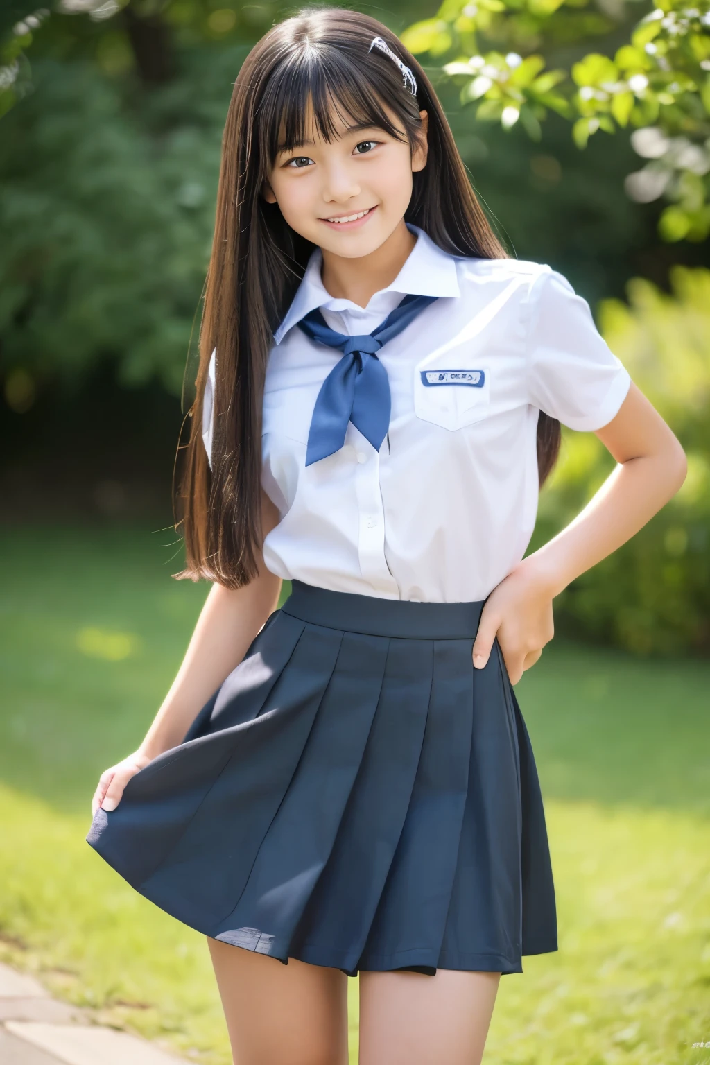 (((masterpiece))),  (Beautiful Japanese Girl, Classmate, Landscape and innocence，cute) ，Ultra-high resolution, Realistic, Ultra-detailed, 8K,Highest quality, Very detailed, Detailed Background,Slender,とてもBeautiful Japanese Girl, Detailed face:1.3), Full-body display，(Short ponytail，Black Hair :1.4), (Baby Face，cute系,Adorable 12 year old girl), (Perfect body:1.1),  (school uniform，mini skirt、Sweating、Small white panties), The best smile,非常にDetailed face、Beautiful thighs，Detailed lips、Detailed eyes、 gravure idol，Clear Skin，Crouching，Girl&#39;s Room