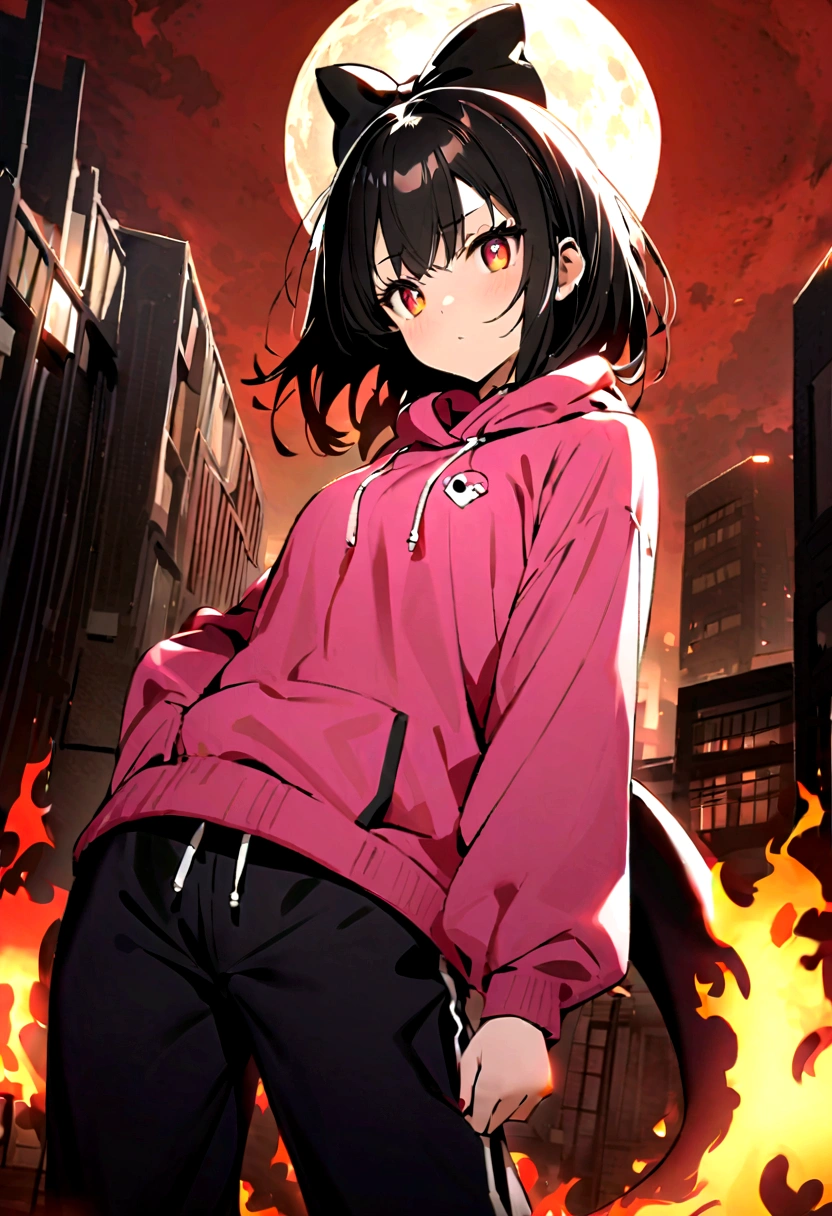 an anime girl eyes with a black iris and red pupils, black hair with pink highlights with small hair bow with small blue and yellow cubes decoration on the bow, on the right side of the head. She wears a pink sweatshirt that is too big for her and small black sweatpants.. She has a red aura of flames that surrounds her violently.. Two flames of fire emerge from his head and flames come outward from his hip, forming a tail.. She is on top of a building with the moon behind 