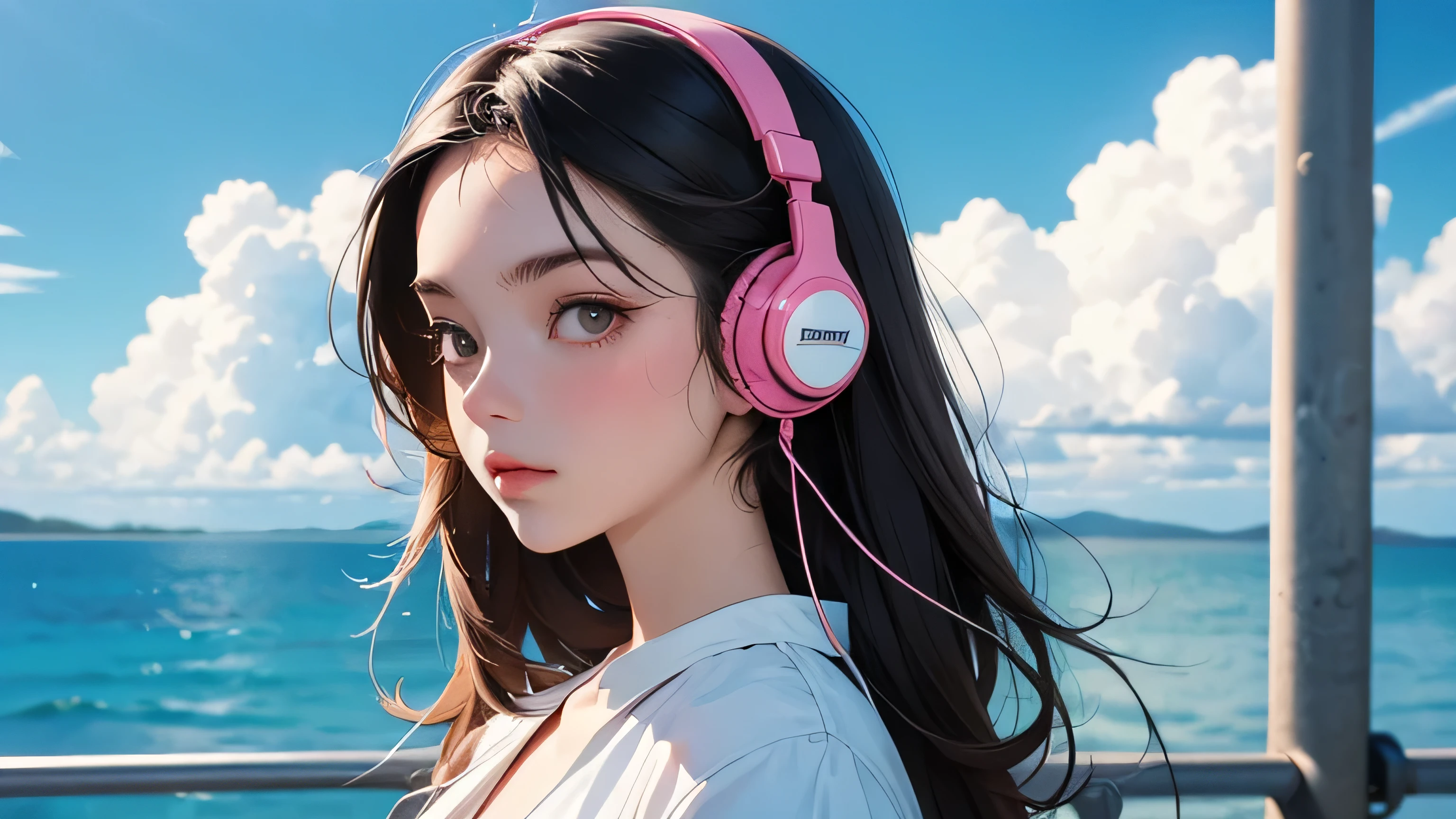 Street fashion girl Headphones LOFI Retro Stylish 1980s Clear sky, clouds, sea