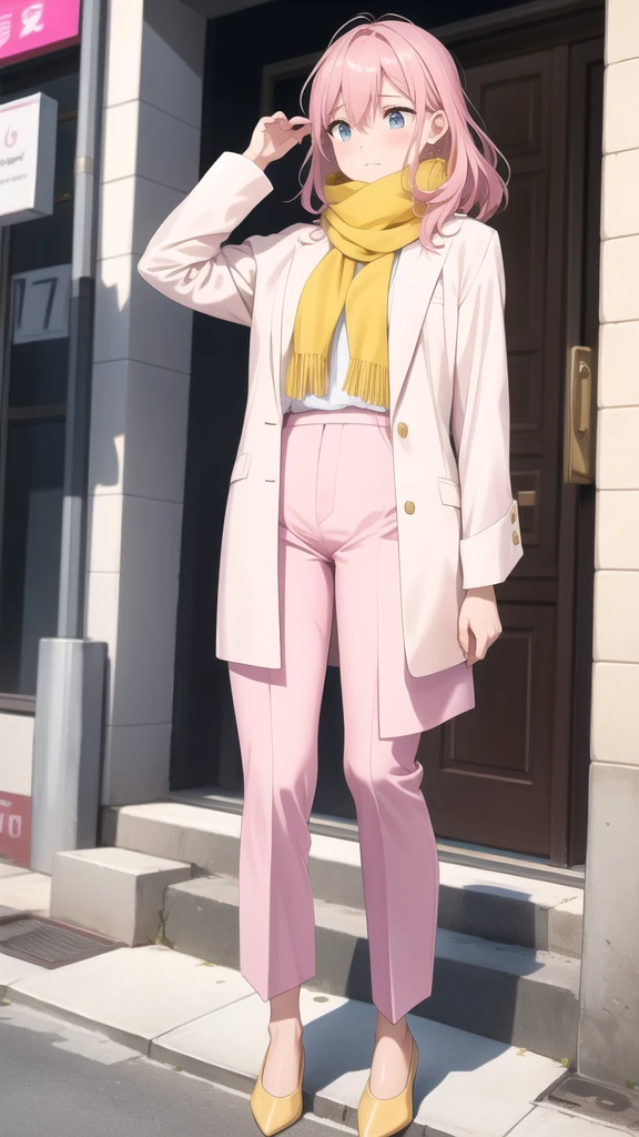 an anxious expression but at the same time fun, wear a pink blouse,A white scarf, and baggy light yellow pants and be feminine
