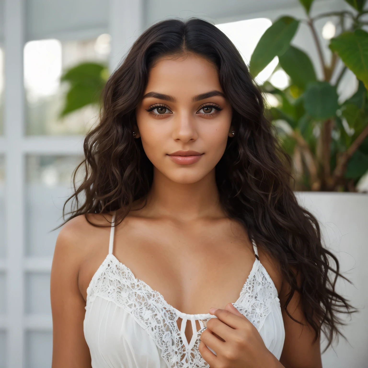 a beautiful young woman of 25 of Brazilian origin, dark matte complexion, bright eyes, curly hair, realistic face, real eyes
