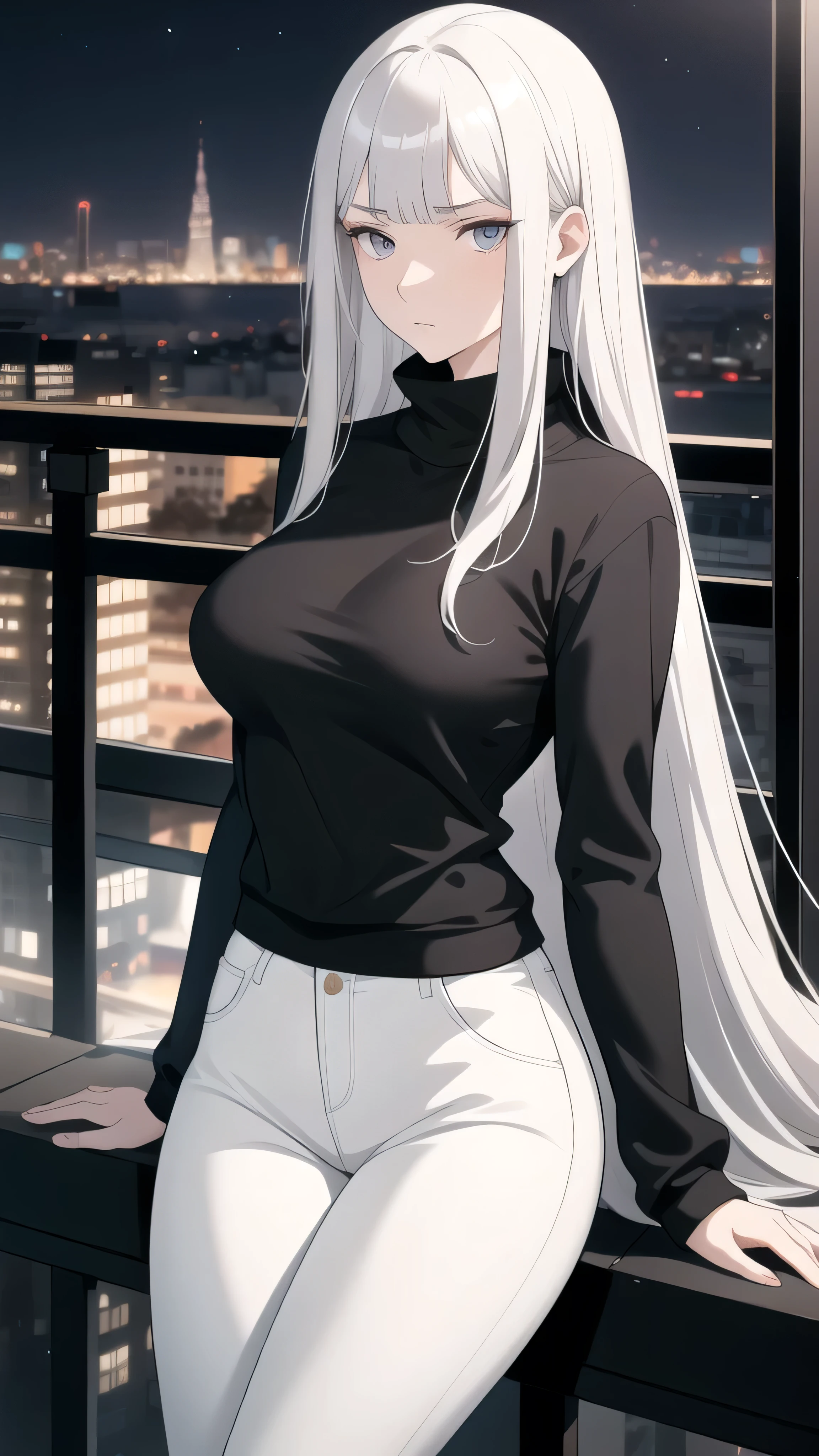 A young woman with silver bangs long hair, grey eyes, pale skin, medium sized breasts. She is wearing a black sweatshirt and white jeans. She is looking at the viewer with a serious face. The setting is the balcony of a luxurious apartment with the night city in the background.
