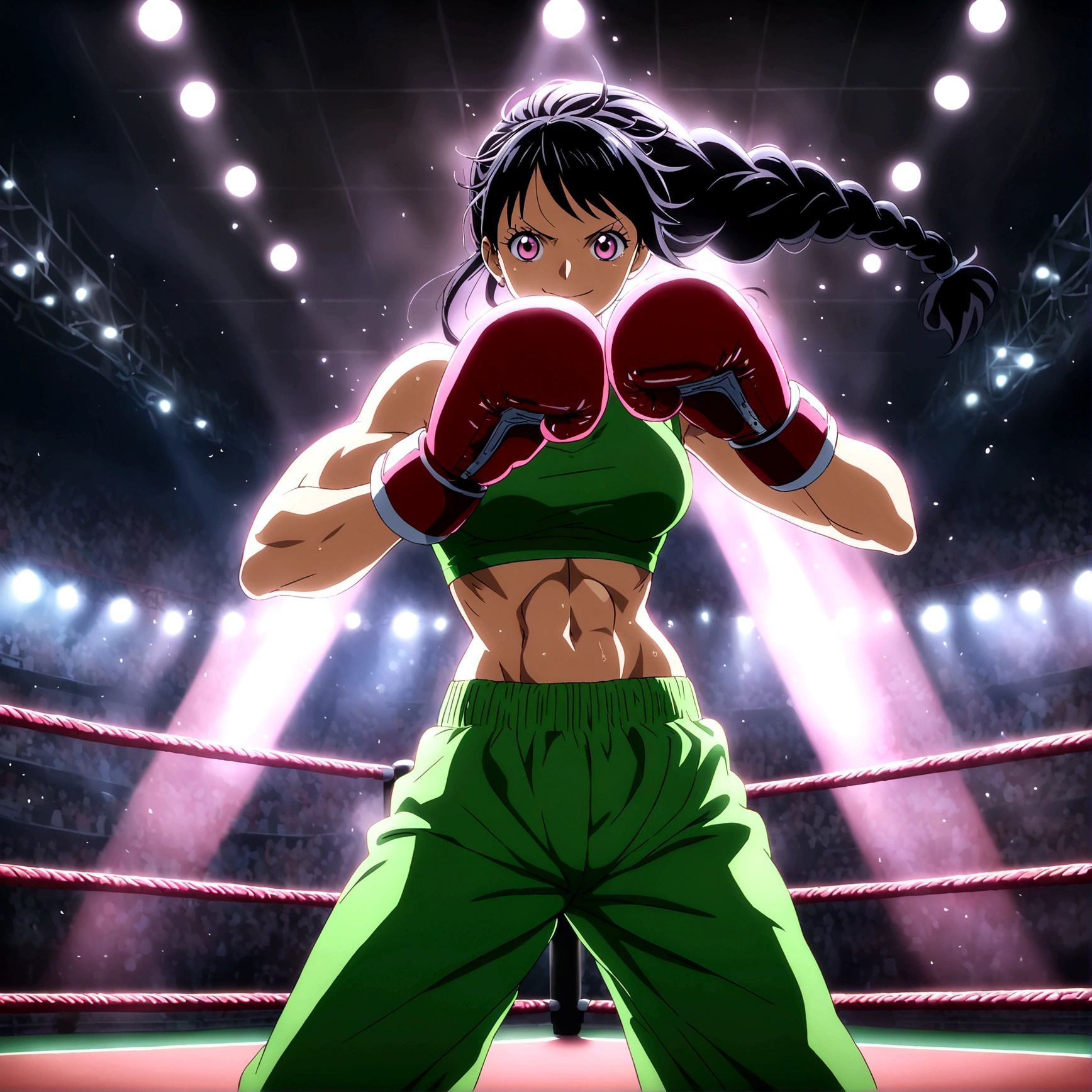 Asian woman, muscular and defined body, black hair with dark green braids, bright pink eyes, female boxer's outfit, arrogant smile, boxing gloves, boxing ring backdrop, "One Piece-inspired anime features, drenched in dramatic and incredible lighting, dramatic lighting, infused with creative details, ultra-fine 2D design, backdrop bathed in creativity, bathed in creativity, boasting HD anime resolution clarity, HD anime graphics, high-octane rendering"