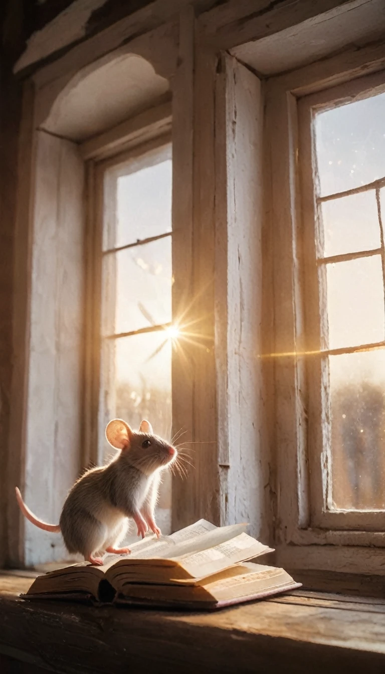 Hyperrealistic scene of a cozy bookstore interior. Sunlight streams through a window, illuminating swirling dust motes that dance in the golden light. A tiny white mouse named Theo peeks over the edge of a large, leather-bound book. Focus on the little mouse. 18k, cinematic