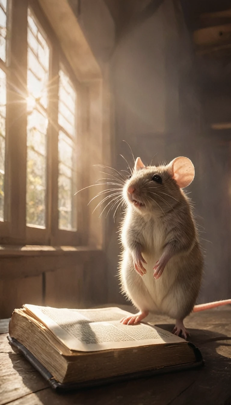 Hyperrealistic scene of a cozy bookstore interior. Sunlight streams through a window, illuminating swirling dust motes that dance in the golden light. A tiny white mouse named Theo peeks over the edge of a large, leather-bound book. Focus on the little mouse. 18k, cinematic