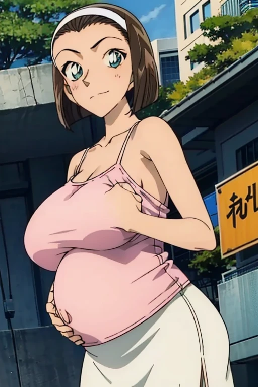 looking at the camera、When I Look at You、lookatviewer、Anime Style、Eroge、1 Girl, (Huge breasts), (Tight white camisole dress)、Low Angle、Brown haired, hair band、Bob Hair、The forehead is visible、blush,The whole body is visible:1.5、Long skirt、pregnant
