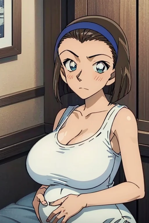 looking at the camera、When I Look at You、lookatviewer、Anime Style、Eroge、1 Girl,  (Huge breasts), (Tight white camisole dress)、Low Angle、Brown haired, hair band、Bob Hair、The forehead is visible、blush,The whole body is visible:1.5、Long skirt、pregnant