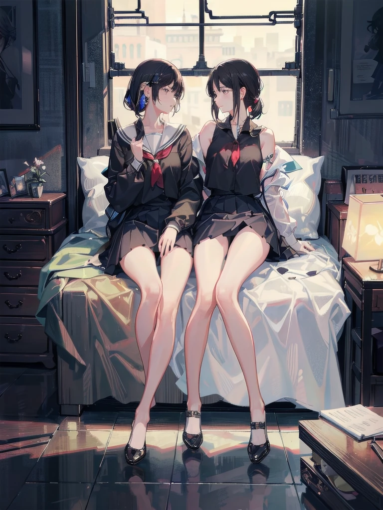 absurdres, RAW photo, extremely delicate and beautiful, masterpiece, Best Quality, ultra high resolution, 32k, hyperrealistic, ultra-detailed, in her 20s, delicate facial features, tearful mole, earring, medium breasts, full body shot, shorter middle hair, black hair, summer school_uniform shirt, sleeveless, yuri, 2girls, 