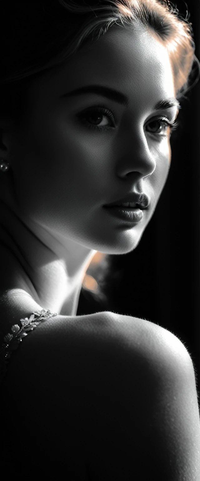 a beautiful woman in a black and white photo shoot, delicate pencil-drawn features, soft, dreamy expression, highly detailed, photorealistic, chiaroscuro lighting, elegant, graceful pose, cinematic, dramatic shadows, cinematic composition, film noir aesthetic