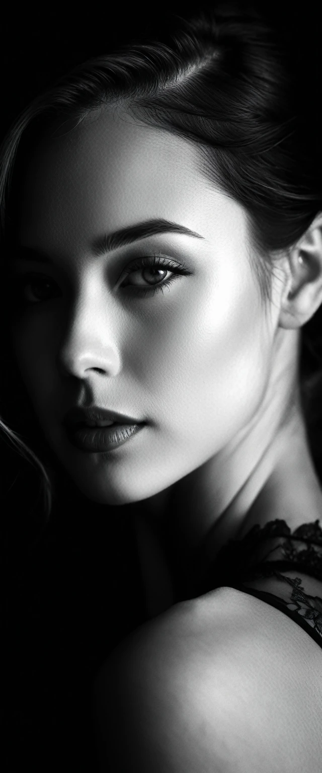 a beautiful woman in a black and white photo shoot, delicate pencil-drawn features, soft, dreamy expression, highly detailed, photorealistic, chiaroscuro lighting, elegant, graceful pose, cinematic, dramatic shadows, cinematic composition, film noir aesthetic