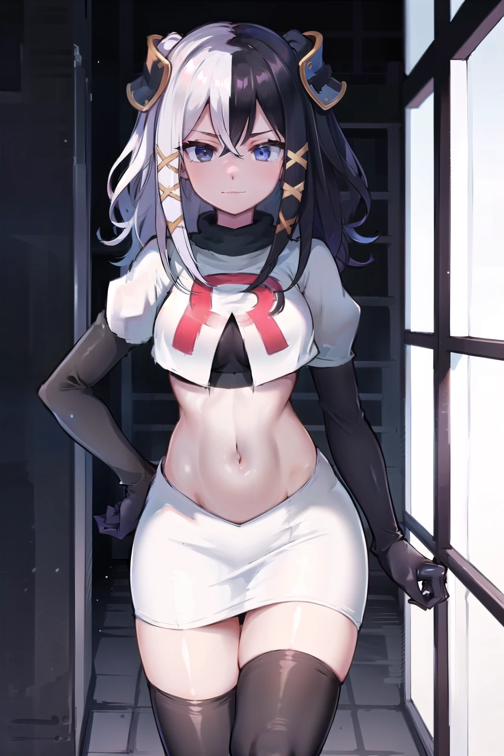 zesshi zetsumei, 1girl,solo, team rocket,team rocket uniform,white skirt,red letter R,crop top,black thigh-highs,black elbow gloves