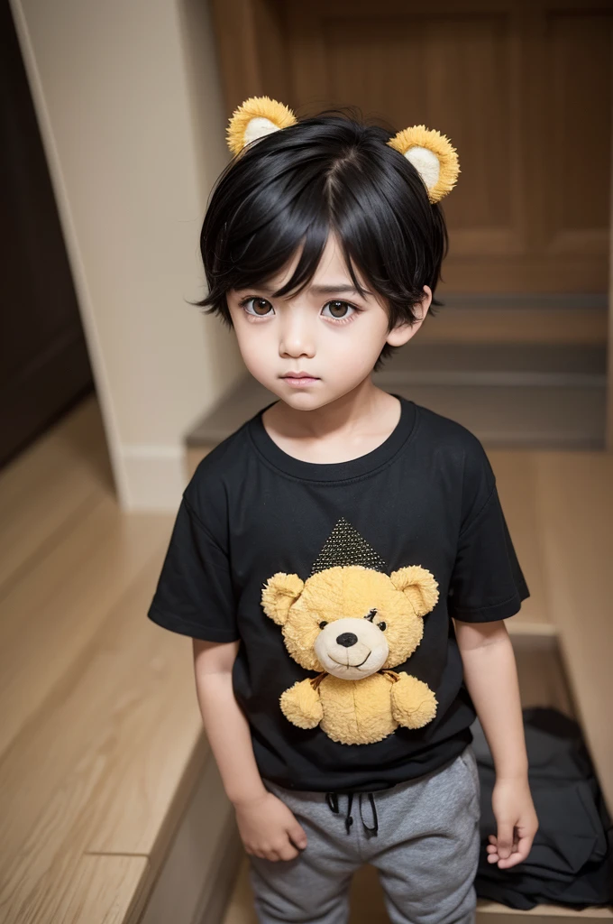 Boy, yellow eyes, black hair, s old, wearing a teddy bear shirt and pants set, a boy, baby, short hair and cute, messy