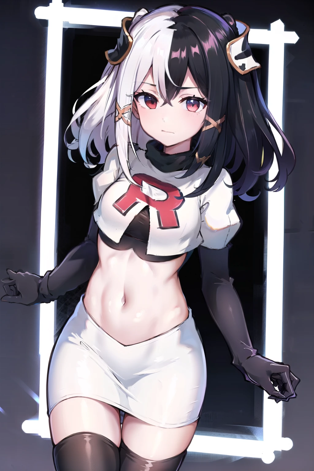 zesshi zetsumei, 1girl,solo, team rocket,team rocket uniform,white skirt,red letter R,crop top,black thigh-highs,black elbow gloves