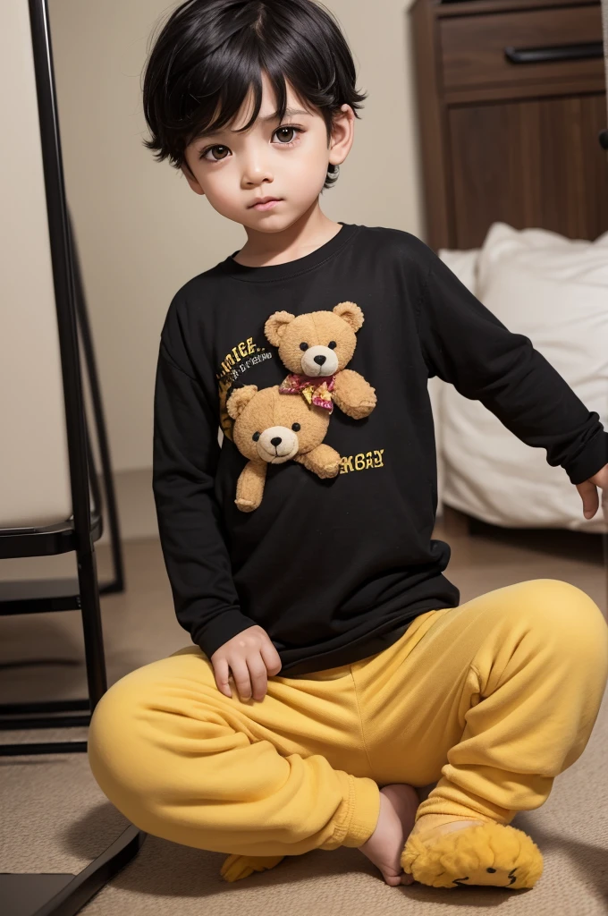 Boy, yellow eyes, black hair, 3 , wearing a teddy bear shirt and pants set, a boy, baby, shoair and cute, messy 