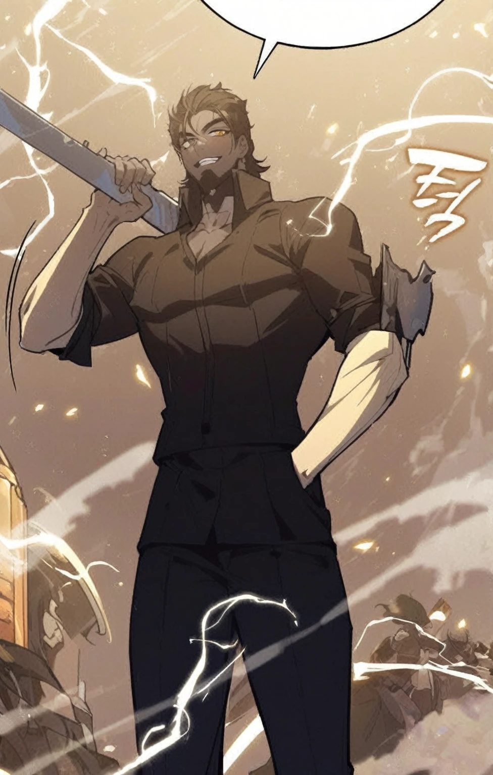 a pretty Male, he has brown skin and he has blue to orange eyes and he’s hair is black to blue and he is wearing a academy uniform . Manhwa style.
