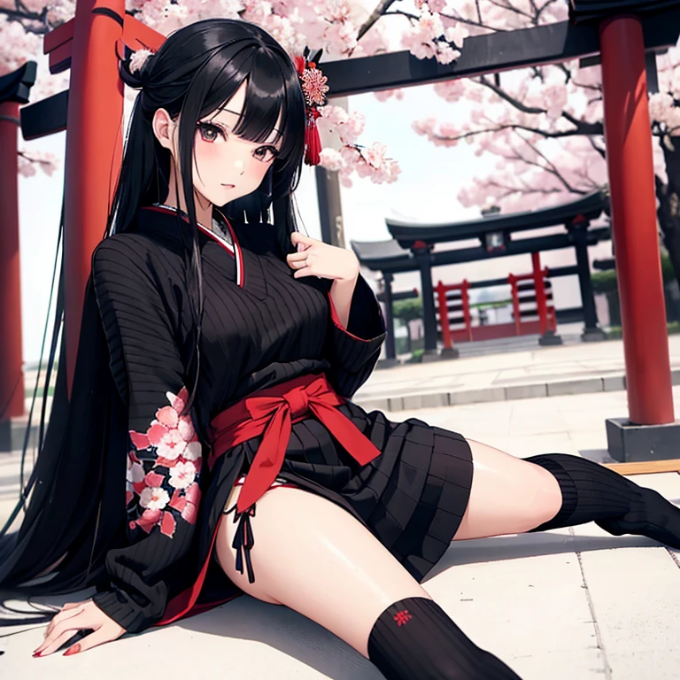 1girl, anime, black eyes, long black hair with square bangs, very long black hair, super long black hair, skirt and stockings, heels, black Japanese style kimono mixed with ribbed black sweater with red accents and sakura floral design, ((ribbed black sweater)) adult, (Japanese shrine/temple background), gamer, (((gamergirl))), kimono sleeves