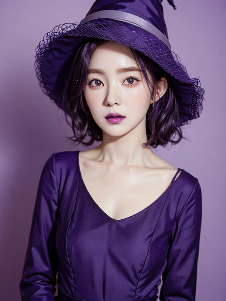 irene1, 1girl, portrait, purple hair, short hair, curly hair with a fringe, witch hat, witch dress, purple lips, purple forest background, purple sky
