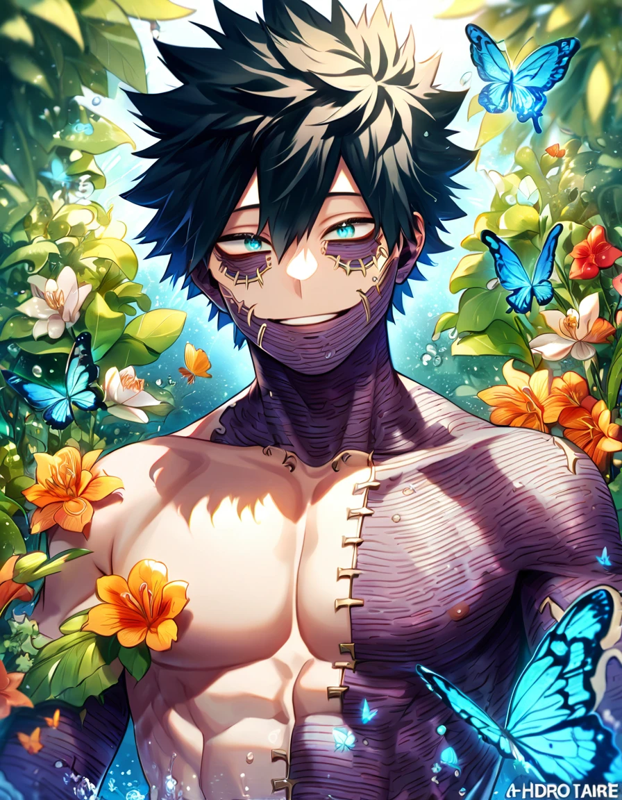 absurdres, highres, ultra detailed, HDR, master piece, best quality, extremely detailed face, delicated features, Dabi, black hair, expressive turquoise eyes, Boku No Hero Academia, solo, sexy man, handsome, smiling, bare chest, fantasy, magical, butterflies, summer, green leaves, flowers, water