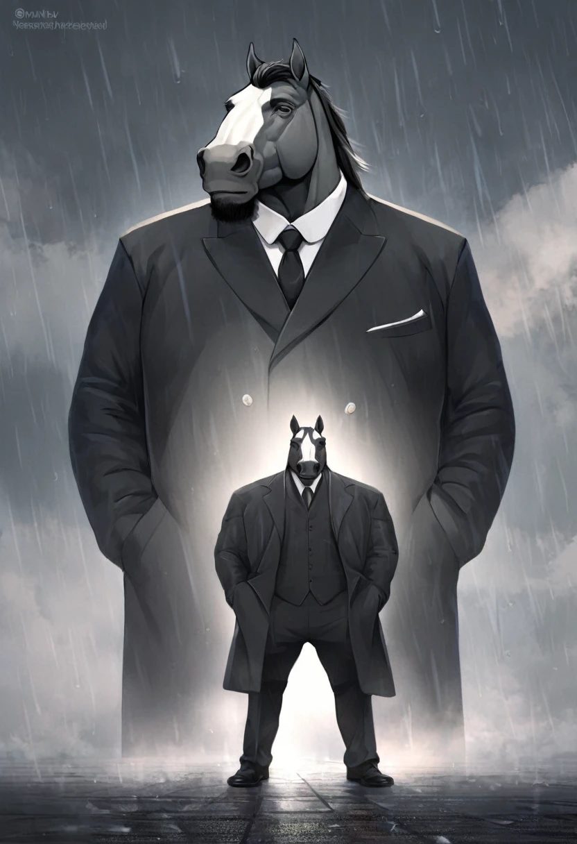 horse,personification,Mature male,Strong Man,,Gray skin,Black suit,Hands in pockets,The Age of Steam,Gloomy rainy day。