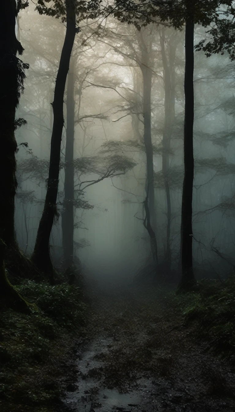 A dense and mysterious forest, with mists rising between the trees, creating a dark and disturbing atmosphere.