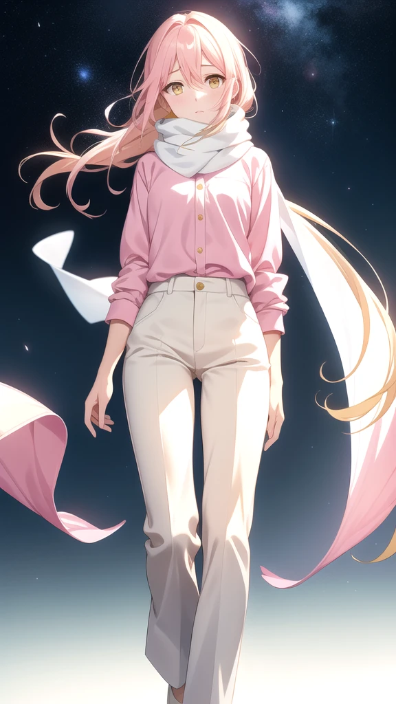 an anxious expression but at the same time fun, wear a pink blouse,A white scarf, and baggy light yellow pants and be feminine, who has long hair down to his white knees and has shining golden eyes