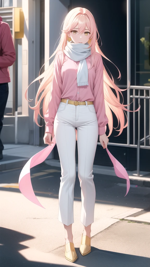 an anxious expression but at the same time fun, wear a pink blouse,A white scarf, and baggy light yellow pants and be feminine, who has long hair down to his white knees and has shining golden eyes