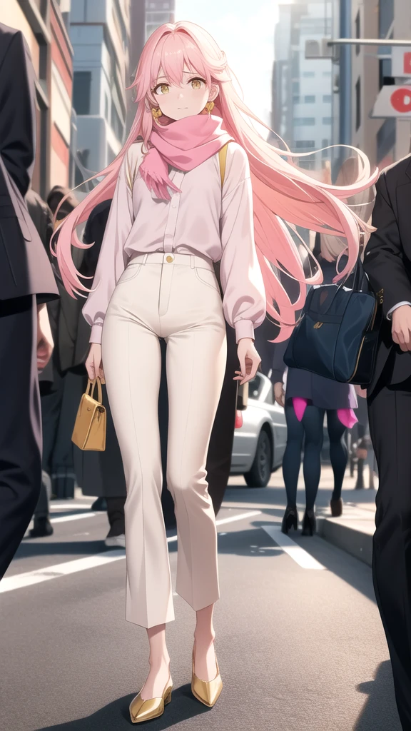 an anxious expression but at the same time fun, wear a pink blouse,A white scarf, and baggy light yellow pants and be feminine, who has long hair down to his white knees and has shining golden eyes