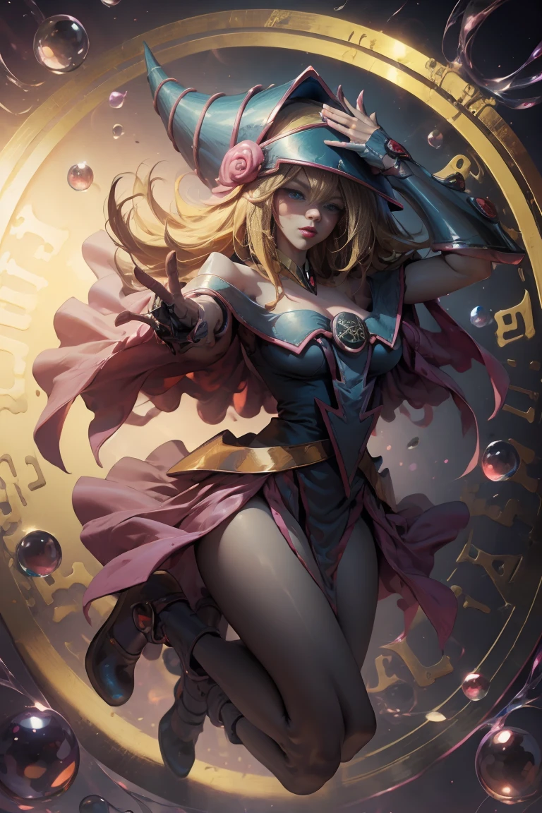 DarkDark magician gils, with high-heels. licra, sexy, Subjective and sensual pose. Long blonde hair. blue eyes. Red lips. Levitating above a circle of magic. .
