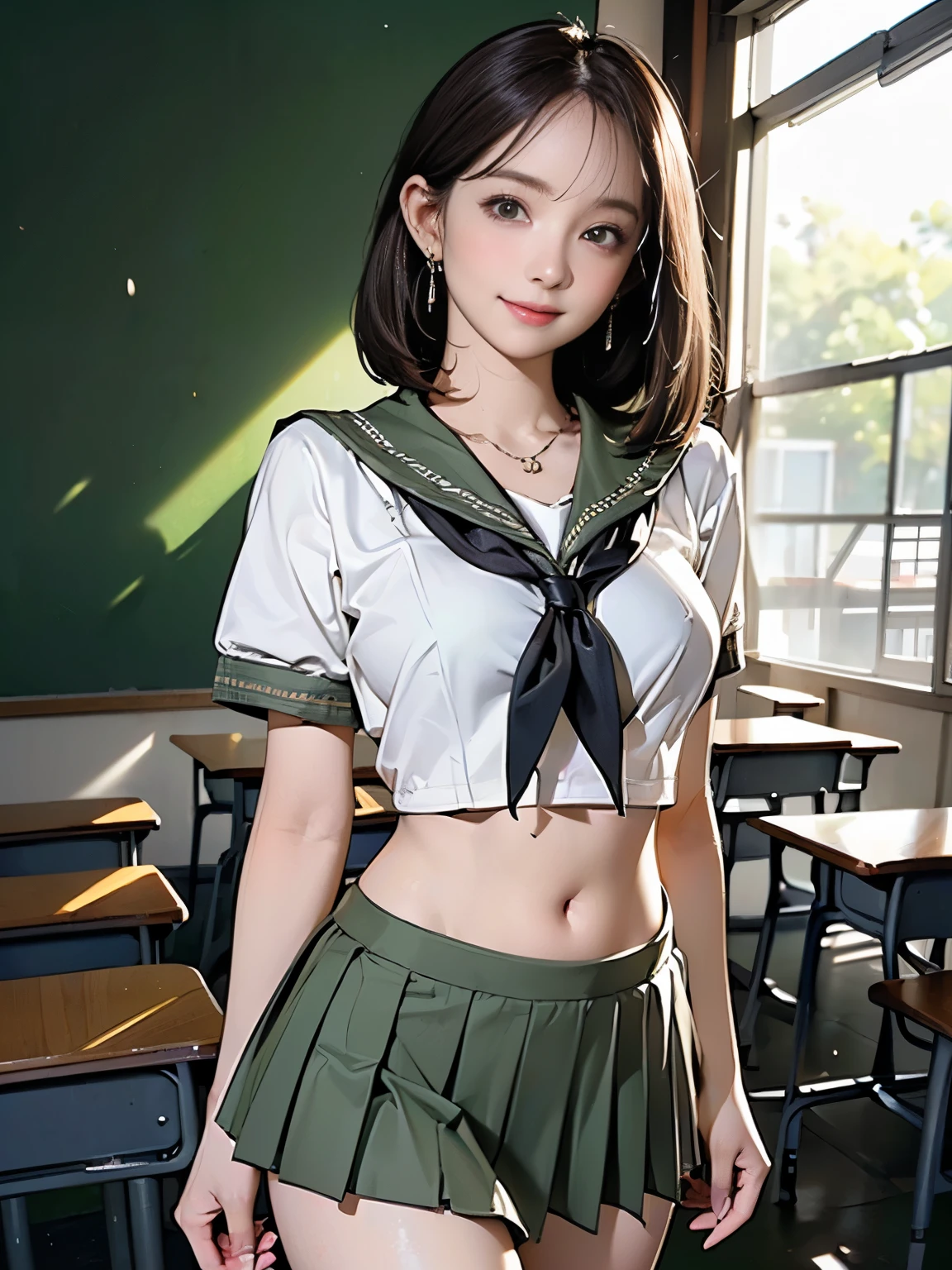 ((((Highest quality))))、(((Ultra-precision CG16K wallpaper)))、(((masterpiece)))、(((Super detailed)))、(((Extreme detail)))、((1Mature 29 year old woman:1.6))、((Very beautiful Japan face of a person))、((Urizane Face:1.8))、((Short bob straight hair、Straight Hair:1.8))、(Shiny Hair)、A delicately drawn beautiful face、(Dark Eyes、Reflected light from the eye)、double eyelid、High nose、Small nostrils、Small Mouth、Seductive lips、Beautiful breasts、((C cup size breasts))、Cleavage、Small belly button、Delicate nails、Beautiful feet、Thin thighs、eight-headed body、Perfect proportions、Perfect Anatomy、Perfect composition、Beautiful detailed shading、Beautiful, natural lighting、Beautiful detail glow、Depth of written boundary、(((High chroma)))、(((Real:1.9)))、((vivid:1.5))、((Beautiful Skin))、((Skin Texture))、((Realな皮膚感))、(((Cowboy Shot:1.6)))、(((front view、shoot from front、front low angle:1.6)))、(((smile:1.5)))、(((looking at viewer:1.6)))、Bright daylight、Natural light、(((background_classroom:1.5)))、(Walking pose:1.6)、(((High school girl sailor uniform&Dark green low rise pleated mini skirt:1.6)))、((necklace、Wearing earrings:1.5))、((White lace stockings:1.3))、