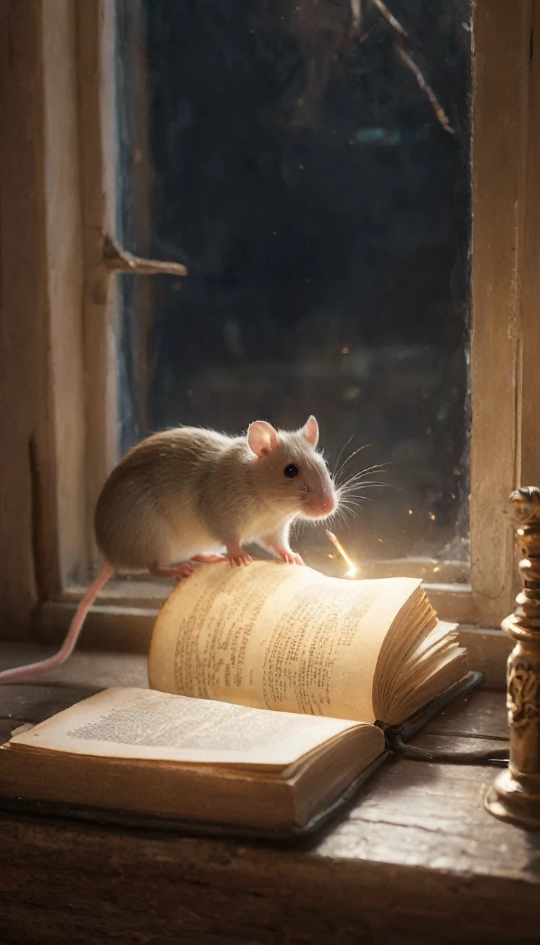 Hyperrealistic scene of a cozy bookstore interior. Sunlight streams through a window, illuminating swirling dust motes that dance in the golden light. A tiny white mouse named Theo peeks over the edge of a large, leather-bound book. Focus on the little mouse. 18k, cinematic
