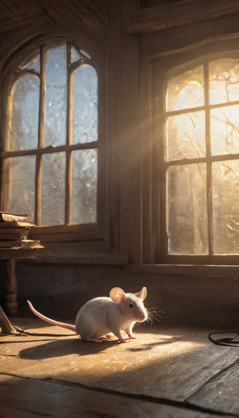 Hyperrealistic scene of a cozy bookstore interior. Sunlight streams through a window, illuminating swirling dust motes that dance in the golden light. A tiny white mouse named Theo peeks over the edge of a large, leather-bound book. Focus on the little mouse. 18k, cinematic