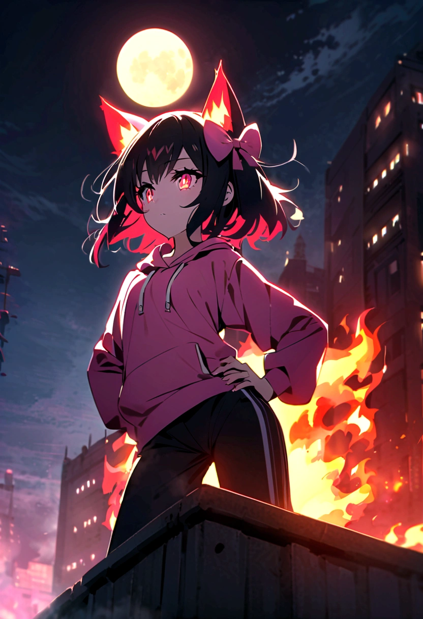 an anime girl eyes with a black iris and red pupils, black hair with pink highlights with small hair bow with small blue and yellow cubes decoration on the bow, on the right side of the head. She wears a pink sweatshirt that is too big for her and small black sweatpants.. She has a red aura of flames that surrounds her violently.. Two flames of fire in the shape of cat ears emerge from his head and flames come outward from his hip, forming a tail.. She is on top of a building with the moon behind