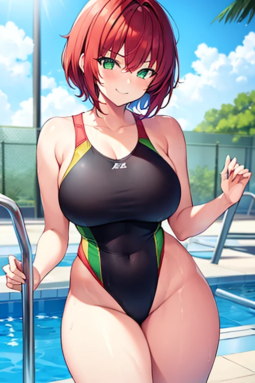1girl, large breasts, thick thighs, red hair, green eyes, very short hair, short hair, smile, smirk, smug, one-piece swimsuit, competition swimsuit, pool, poolside, wet, breast supress