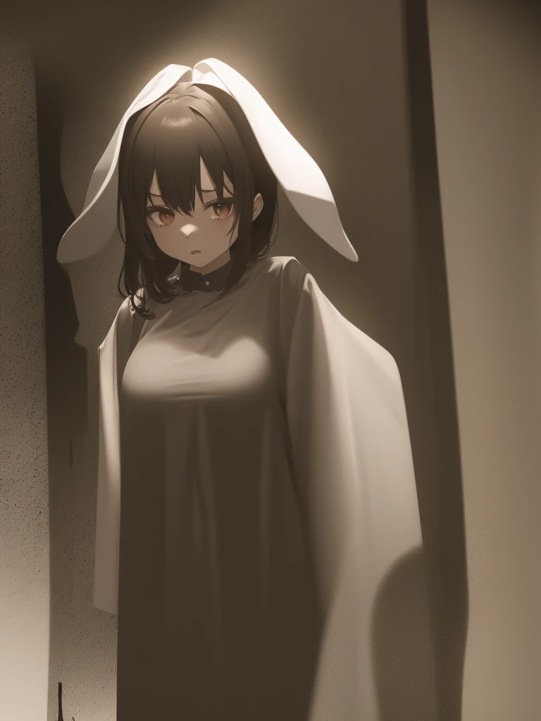 In a dark haunted house, horror, fear , It's muggy , steamy , rabbit ear girl , holding back pee , Disarray of clothing