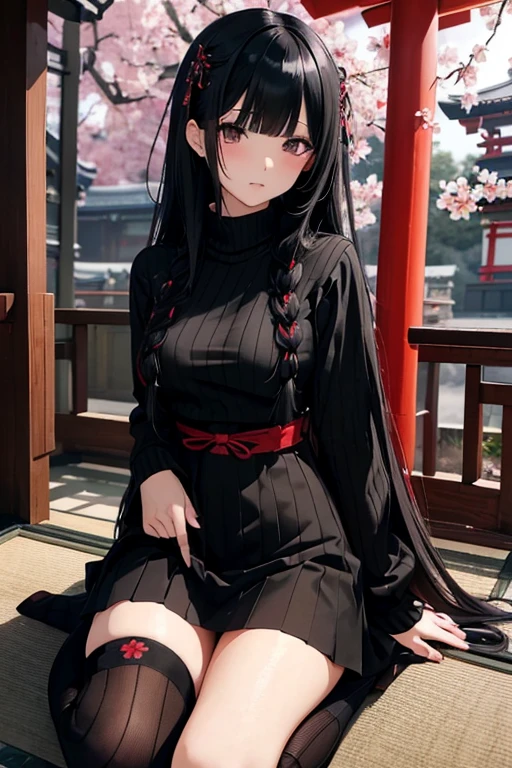 1girl, anime, black eyes, long black hair with square bangs, very long black hair, super long black hair, skirt and stockings, heels, black Japanese style kimono mixed with ribbed black sweater with red accents and sakura floral design, ((ribbed black sweater)) adult, (Japanese shrine/temple background), gamer, (((gamergirl))), kimono sleeves