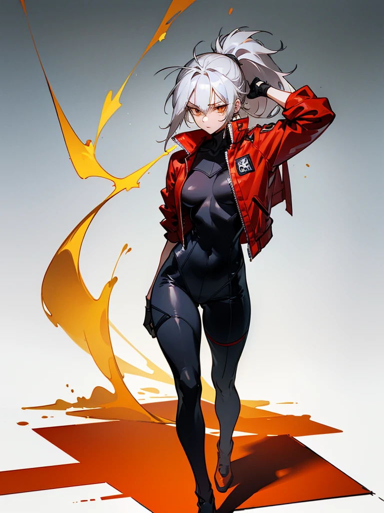 Tall, slim, She has long grey hair tied back in an enormous, messy ponytail that reaches down to her thighs, some of her hair is covering one of her eyes, she wears a red jacket over a black full-body suit, golden eyes