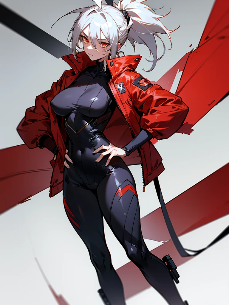Tall, slim, She has long grey hair tied back in an enormous, messy ponytail that reaches down to her thighs, some of her hair is covering one of her eyes, she wears a red jacket over a black full-body suit, golden eyes