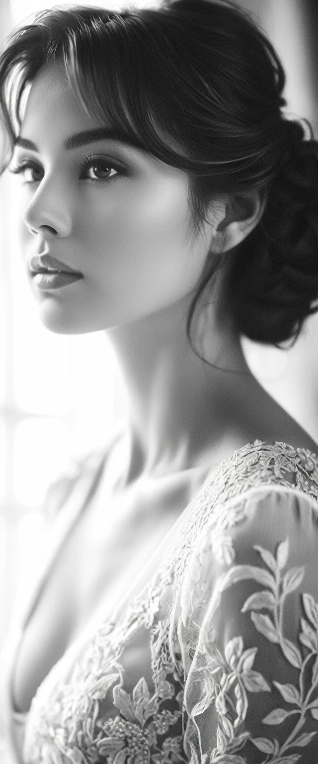 a beautiful woman in a black and white photo shoot, delicate pencil-drawn features, soft dreamy expression, medium shot, seductive pose, intricate details, elegant hairstyle, dramatic lighting, dramatic shadows, cinematic composition, high contrast monochrome, fine art photography, ethereal atmosphere, dreamlike quality, subtle textures, film grain effect