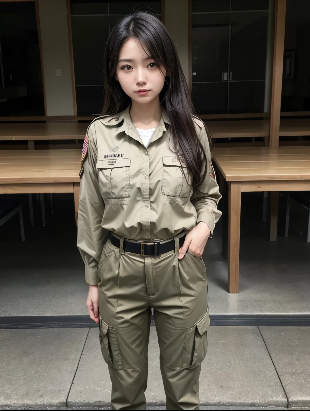 A Japananese beatiful girl, wearing united states army uniform, long legs, Black hair, tight united states army military trousers, stand up, looking to viewer, united states army uniform,stand up,military uniform, standing up