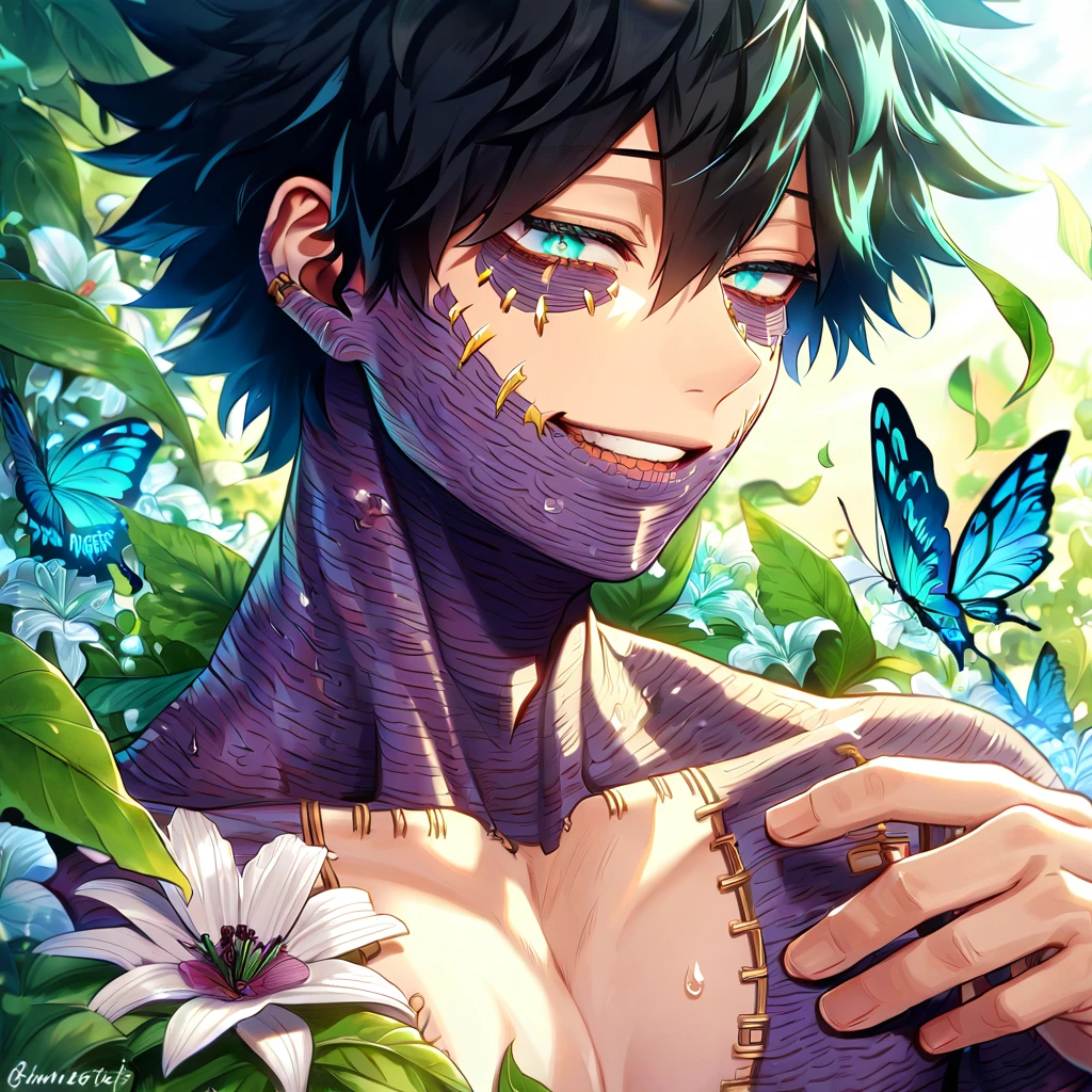 absurdres, highres, ultra detailed, HDR, master piece, best quality, extremely detailed face, delicated features, Dabi, black hair, expressive turquoise eyes, Boku No Hero Academia, solo, sexy man, handsome, smiling, bare chest, fantasy, magical, butterflies, summer, green leaves, flowers, water