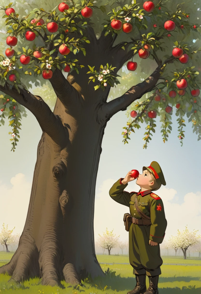 There is an apple tree in the middle, on the right side there are dry branches, on the left side - flowering branches. On the right is a Soviet Russian soldier, leaned his palm against the trunk of an apple tree. On the left there is a little boy standing and looking up at the apple tree.
