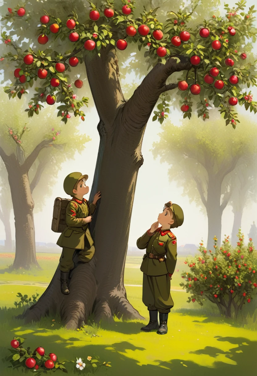 There is an apple tree in the middle, on the right side there are dry branches, on the left side - flowering branches. On the right is a Soviet Russian soldier, leaned his palm against the trunk of an apple tree. On the left there is a little boy standing and looking up at the apple tree.