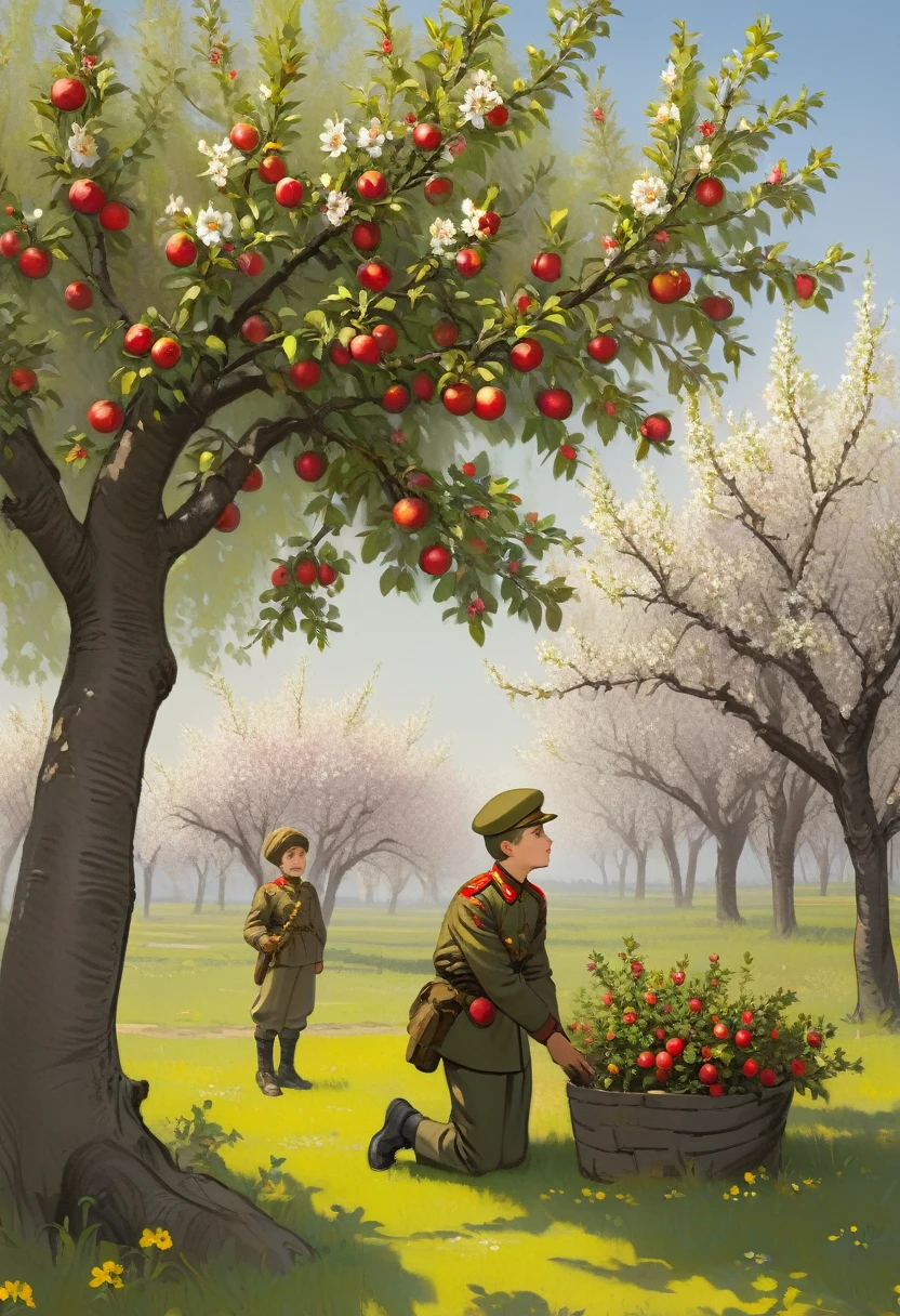 There is an apple tree in the middle, on the right side there are dry branches, on the left side - flowering branches. On the right is a Soviet Russian soldier, leaned his palm against the trunk of an apple tree. On the left there is a little boy standing and looking up at the apple tree.