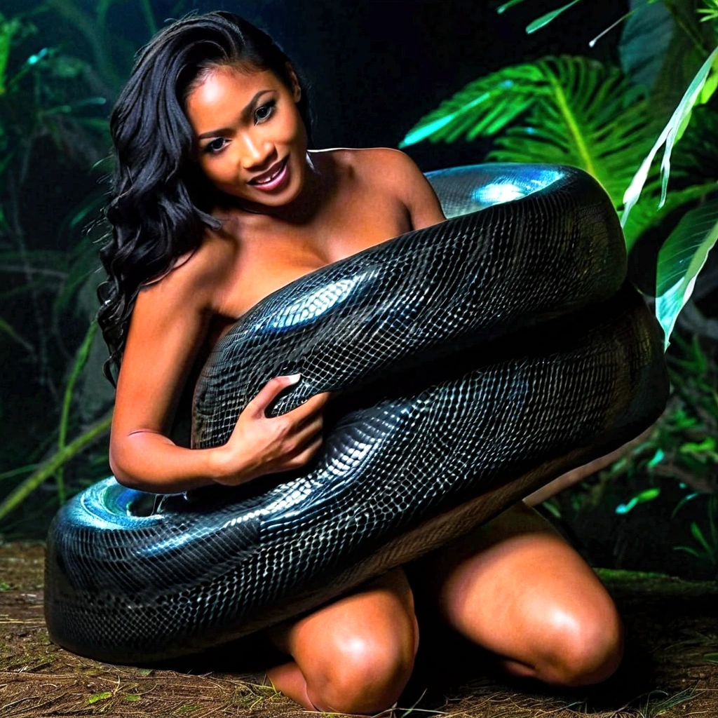 Happy Horny, aroused 1girl), beautiful kneeling Filipino young girl with giant colossal black titanboa squeezing her hard, wrapped in thick spiraling coils, constricted, struggle, gasping for air, snake attack, snake peril, moonless night, dim light