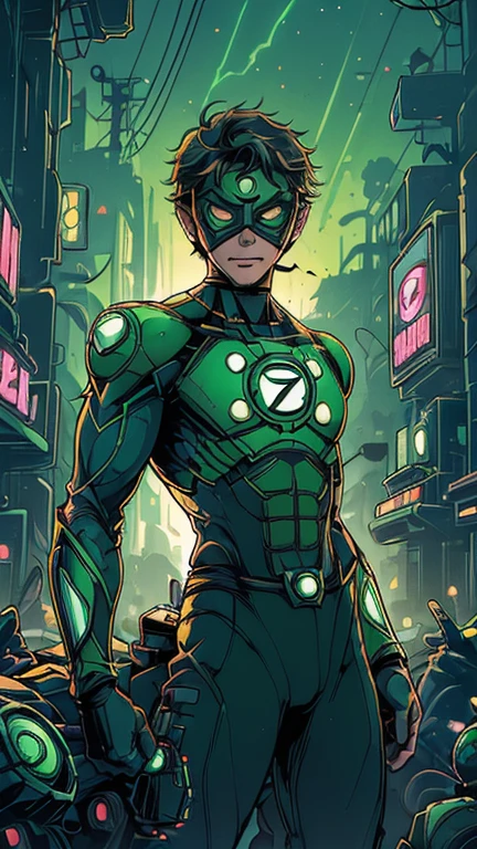 best quality,masterpiece,1boy,solo,(((13years old))),japanese boy,an extremely cute and handsome boy,highly detailed beautiful face and eyes,petit,cute face,lovely face,baby face,shy smile,show teeth, Brown hair, short hair,flat chest,skinny,slender,(((wearing a Green Lantern costume,green domino mask))),(((heroic pose in Dark Midnight Neon Glow light Cyberpunk metropolis city))),he is looking at the viewer,
