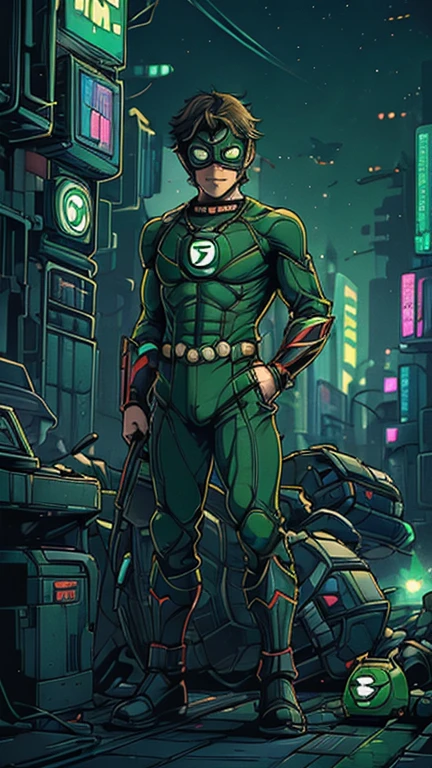 best quality,masterpiece,1boy,solo,(((13years old))),japanese boy,an extremely cute and handsome boy,highly detailed beautiful face and eyes,petit,cute face,lovely face,baby face,shy smile,show teeth, Brown hair, short hair,flat chest,skinny,slender,(((wearing a Green Lantern costume,green domino mask))),(((heroic pose in Dark Midnight Neon Glow light Cyberpunk metropolis city))),he is looking at the viewer,