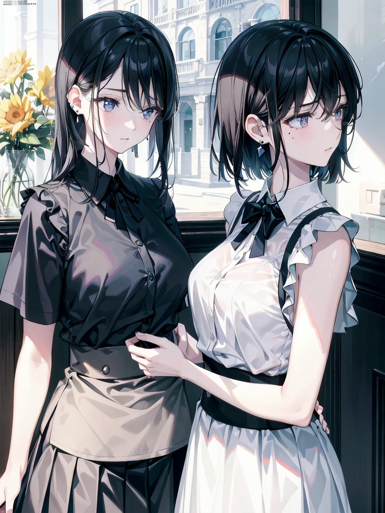 absurdres, RAW photo, extremely delicate and beautiful, masterpiece, Best Quality, ultra high resolution, 32k, hyperrealistic, ultra-detailed, in her 20s, delicate facial features, tearful mole, earring, medium breasts, full body shot, shorter middle hair, black hair, summer school_uniform shirt, sleeveless, yuri, 2girls,