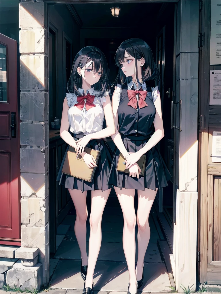 absurdres, RAW photo, extremely delicate and beautiful, masterpiece, Best Quality, ultra high resolution, 32k, hyperrealistic, ultra-detailed, in her 20s, delicate facial features, tearful mole, earring, medium breasts, full body shot, shorter middle hair, black hair, summer school_uniform shirt, sleeveless, yuri, 2girls,
