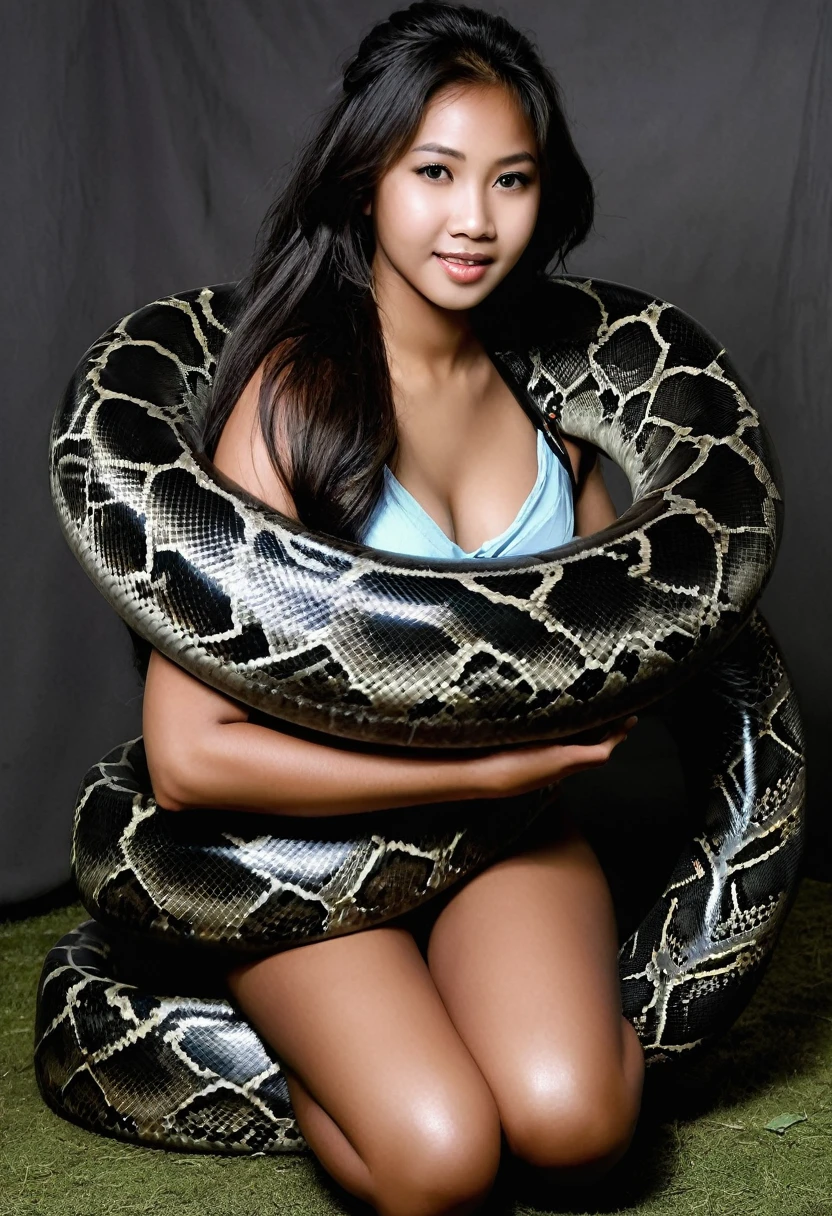  Happy Horny, aroused 1girl), beautiful kneeling Filipino  young teen girl with  giant colossal black titanboa squeezing her hard, wrapped in thick spiraling coils, constricted, struggle, gasping for air, snake attack, snake peril, moonless night, dim light
